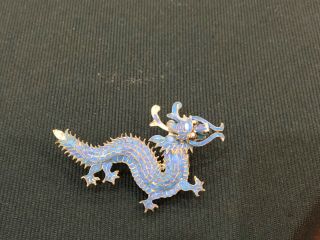 Boxed Antique Chinese Canton Marked Silver / Enamel Blue 4 Toe Dragon Brooch