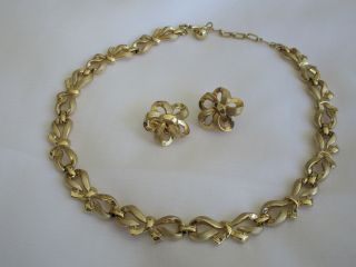 Rare Vintage Necklace/earrings Clip Set Bows Crown Trifari 2tone Gold Plated Exc