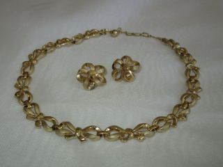Rare Vintage Necklace/Earrings Clip Set Bows Crown Trifari 2Tone Gold Plated Exc 2