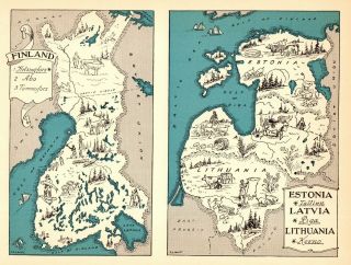 1932 Antique Animated Finland Map Rare Map Of Estonia Latvia Lithuania Blu 7262