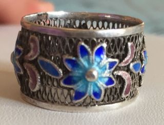 Antique Wide Chinese Export Enameled Flower Filigree Silver Ring Band Sz 7 1/2