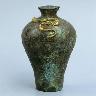 Collect China Antique Bronze Hand - Carved Mouse & Snake Unique Delicate Wine Pot