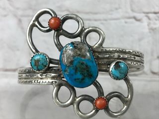 Vintage Rare Navajo Sterling Silver Turquoise Red Coral Cuff Bracelet 45g