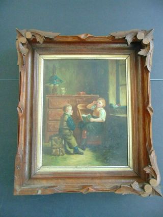 Antique Victorian Oil Painting In Carved Wooden Frame