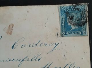 Rare 1855 - NSW Australia 1d Blue /Blue Imperf Laureate stamp on Cover - Bowenfels 2