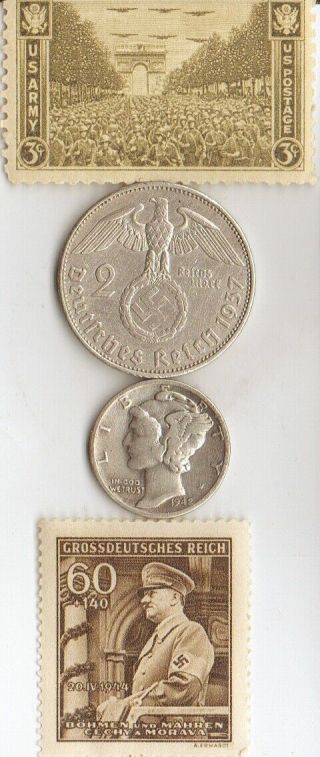 - 43) - Antique Silver (. 900) - Ww2 - Us And German Silver Eagle Coins/stamps