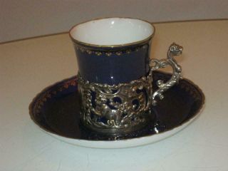 Stunning Antique Royal Worcester Porcelain Cup With Siver Holder & Saucer