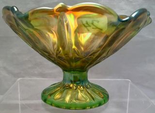 Antique C1905 Imperial Carnival Glass Propeller Green 2 7/8 " Footed Compote Dish