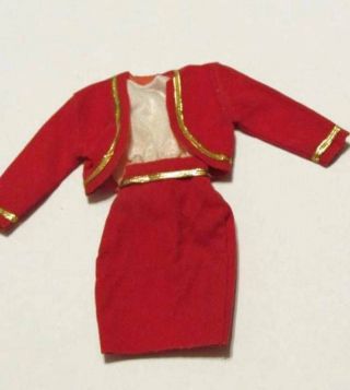 Vintage Barbie Doll Clothes Red White Velvet Dress Jacket Gold Trim Back Snap