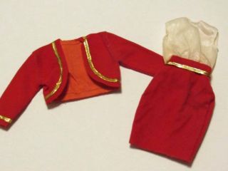 Vintage Barbie Doll Clothes Red White Velvet Dress Jacket Gold Trim Back Snap 2