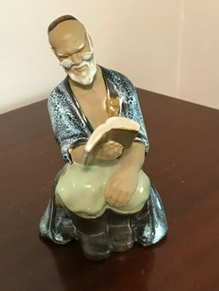 Chinese Mudman Reading Scholar Clay Figurine - - Old Man Reading W/ Glasses