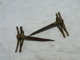 2x ANTIQUE SERVANTS BUTLERS BELL PULL BRASS CRANK WITH DOUBLE SWINGERS ON SPIKES 2