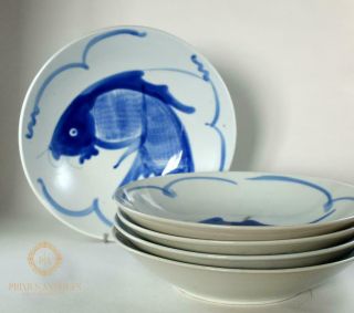 Set Of Five Antique Chinese Porcelain Blue& White Koi Carp Decorated Bowls