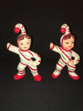 Vintage Lefton Christmas Candy Cane Boy Girl Retro Figurine Ornament Rare