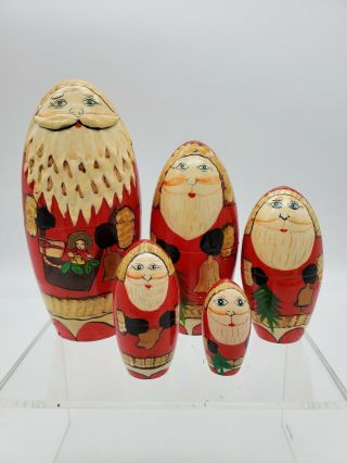 Vintage Russian Santa Wooden Nesting Dolls Babushka Hand Painted