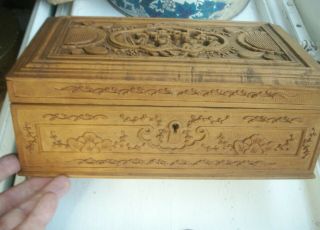 Old Antique Chinese Hand Carved Cantonese Wooden Jewellry Box Figural 19th Cent