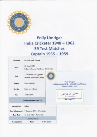 Polly Umrigar India Cricketer 1948 - 1962 Rare Autograph Cutting/card