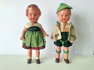 Vintage Mid Century German Edi Plastic Girl & Boy Dolls In Traditional Costume.