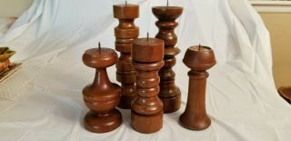 Vintage Wooden Candle Holders Set - Set Of Five - Brown Wood - 6.  5 " To 9.  75 "