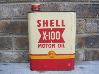 Vintage Shell Oil Motor Oil Can X - 100 1/2 Gallon Square Metal Rare Empty