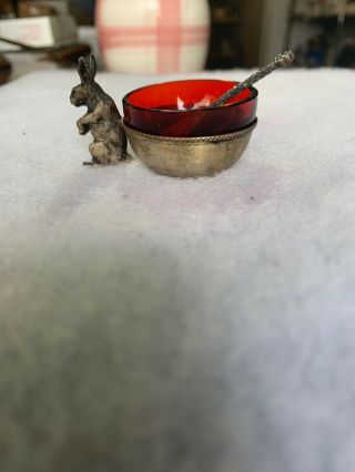 Vintage 800 Sterling Silver Miniature Bunny Rabbit Salt Cellar? With Spoon