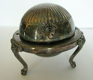Antique Silver Plate Domed Butter Dish With Glass Insert,  Lion Head Legs