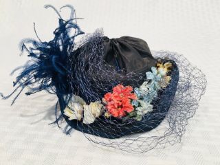 Vintage 1950s Madame Alexander Cissy Doll Fancy Blue Hat W/ Flowers Net Feathers 2
