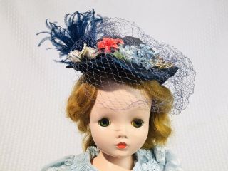 Vintage 1950s Madame Alexander Cissy Doll Fancy Blue Hat W/ Flowers Net Feathers 3