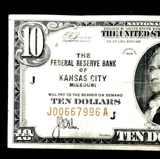 1929 Ten Dollar Note Federal Reserve Bank Of Kansas City Wow Rare Nr 11540