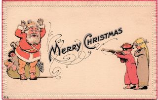 Antique Christmas Postcard Children Holding Santa Hostage Pop Gun Stick 