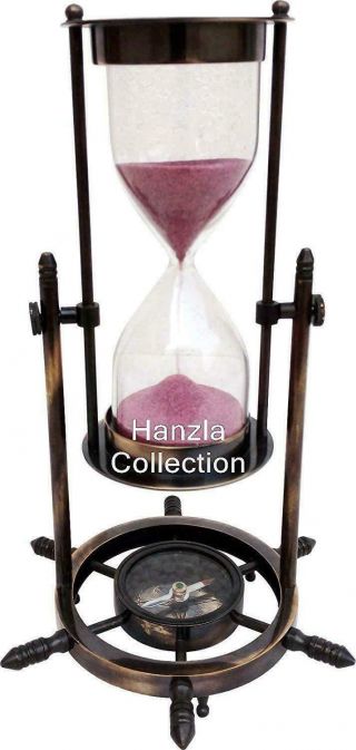 8 " Decorative Brass Sand Timer Hourglass With Antique Maritime Brass Compass