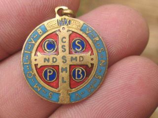 Antique Religious Medal St Benedict Multicolor Enamel Decor Great Con Catholic B