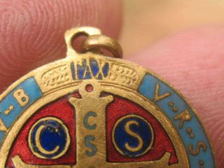 Antique Religious Medal St Benedict Multicolor Enamel Decor Great Con Catholic B 2