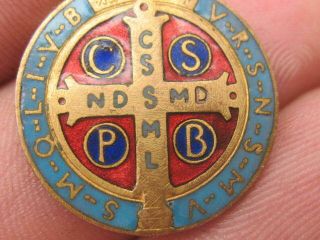 Antique Religious Medal St Benedict Multicolor Enamel Decor Great Con Catholic B 3