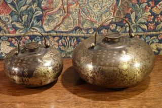 Two Antique? Chinese Signed Brass Carrying Bottles With Gold Decoration