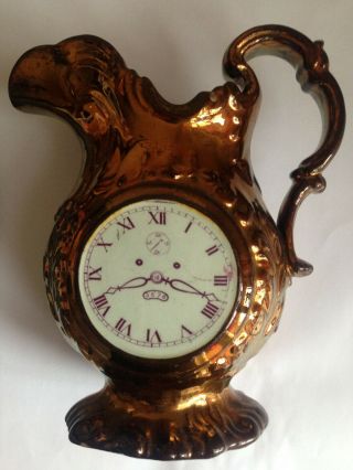 Antique Victorian Copper Lustre Jug With Clock And Floral Roundels