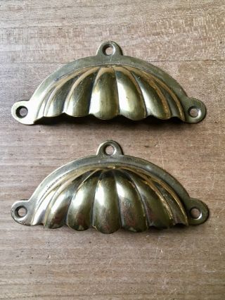 Pair Antique Drawer Pull Cup Handle Brass Reclaimed Victorian Vintage Scallop