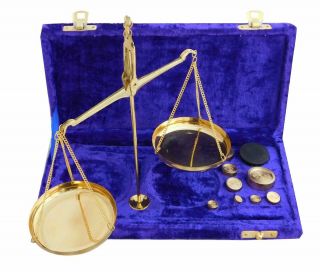 Antique Brass Polished Jewellery Balance Scale With Velvet Box & Complete Weight