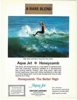1969 Aqua Jet Surfboard Ad/ Honeycomb Surfboards