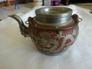 Antique Chinese Weihaiwei Teapot Deh Yu W/ Pewter Dragons