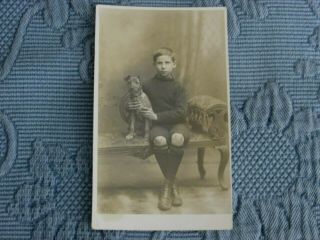 Antique Real Photo Postcard Of A Little Boy Holding His Dog