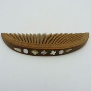 Antique Japanese Kushi Comb - Carved Boxwood With Mother - Of - Pearl Inlay