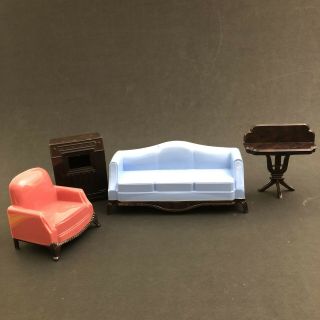 Vintage Dollhouse Furniture Living Room Couch Chair Radio Accent Table Plasco