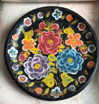 Antique Hand Painted 16.  5” Round Tole Flowers Wood Display Bowl Tray