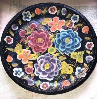 Antique Hand Painted 16.  5” Round Tole Flowers Wood Display Bowl Tray 2