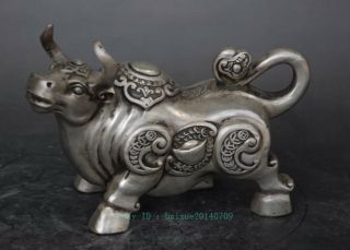 Chinese Old Copper Plating Silver Engraving Cow Sycee Statue E01
