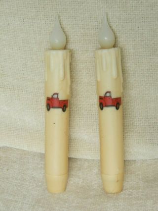 Set Of 2 Red Farm Truck Led Battery Operated 7 " Taper Candle Primitive