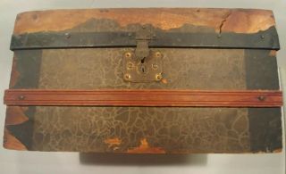 Antique Doll Trunk Wooden - Paper Covered With Tray,  Also Wood & Paper 14 " X 8 " X 8 "