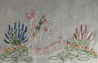 Vintage Linen Hand Embroidered Tray Cloth Crinoline Lady/florals