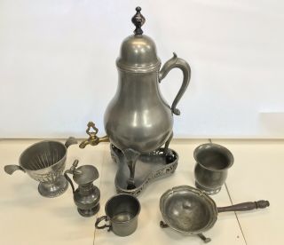 7 Piece Antique Pewter Set With Tea Pot Brass Tap & Wood Feet,  Cups,  Creamer,